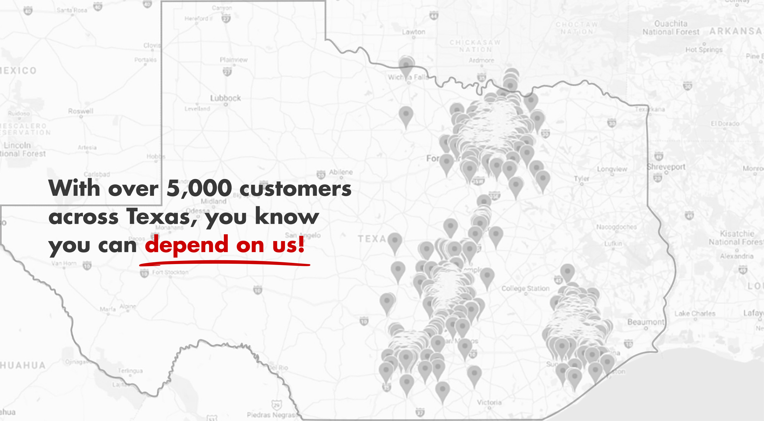 Map of Texas showing over 5,000 Air Supply customers — with over 5,000 customers across Texas, you know you can depend on us!